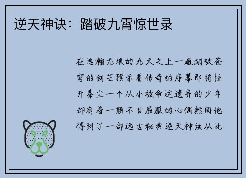逆天神诀:踏破九霄惊世录
