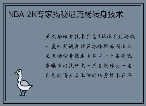 NBA 2K专家揭秘尼克杨转身技术